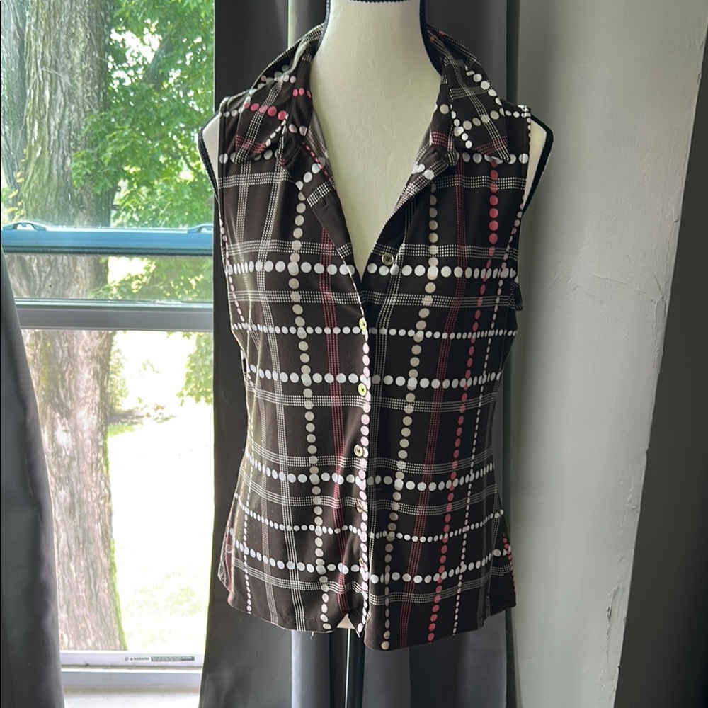 Tommy Hilfiger Brown, Pink, and White Polka Dot Button Down Shirt